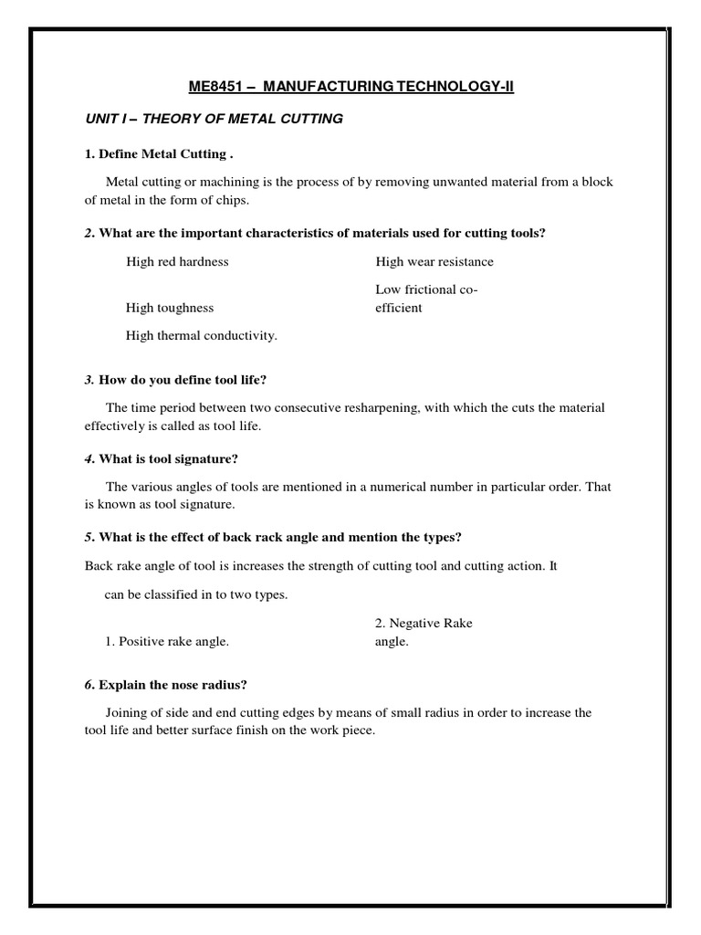 MT II - 2 Marks With Answers | PDF | Machining | Electric Motor
