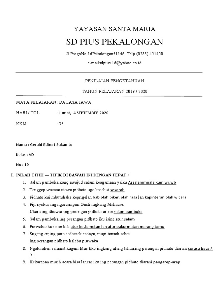 Ulangan Basa Jawa Pasinaon 1