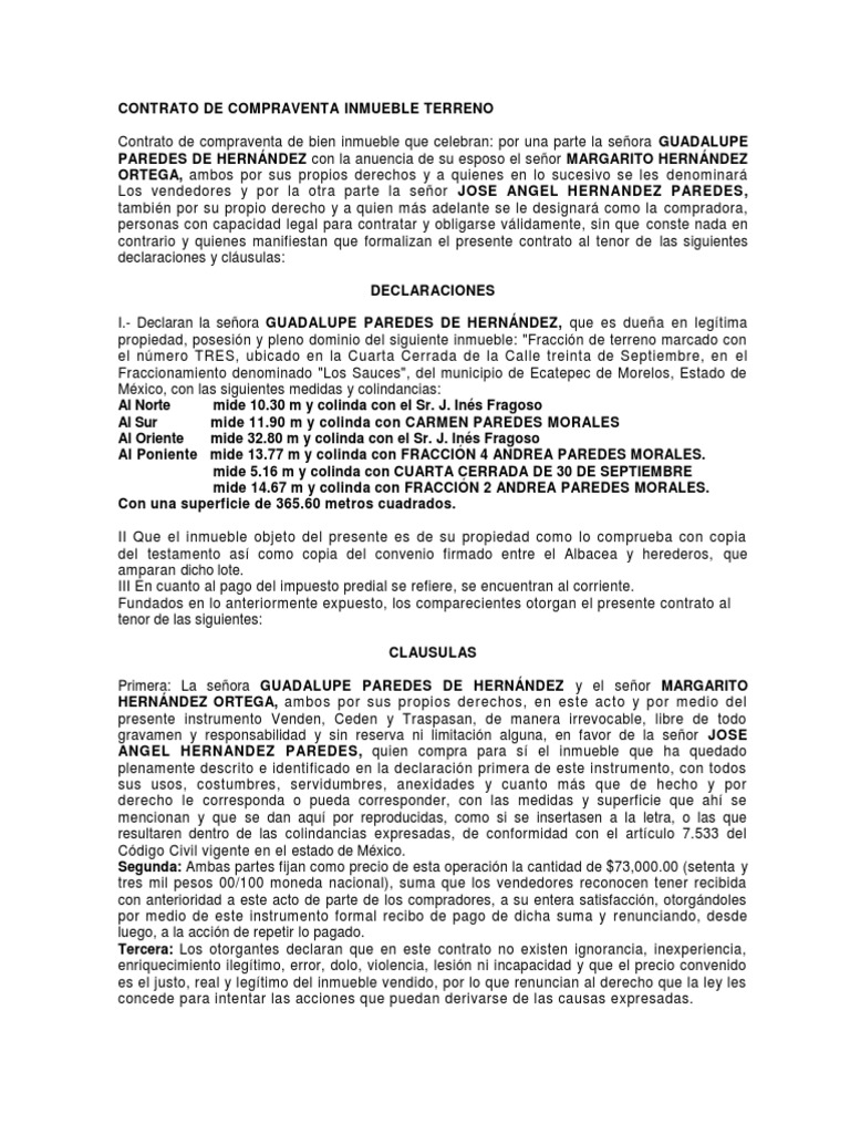 CONTRATO DE COMPRAVENTA INMUEBLE TERRENO