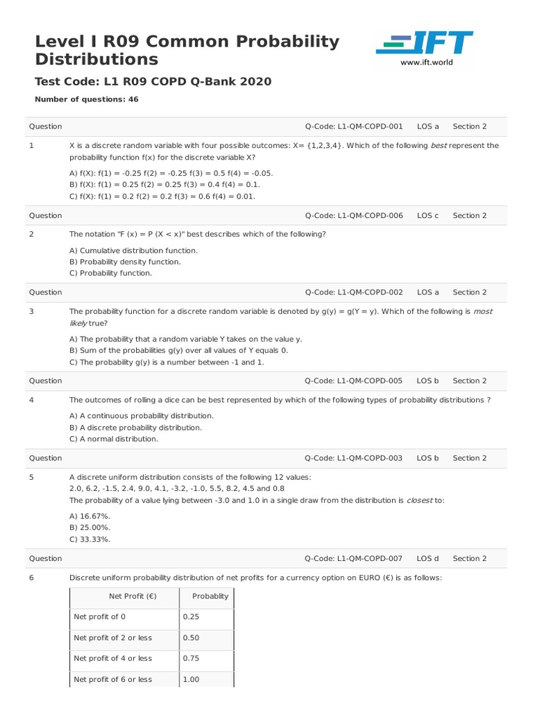 Level I R09 Common Probability Distributions: Test Code: L1 R09 COPD Q ...