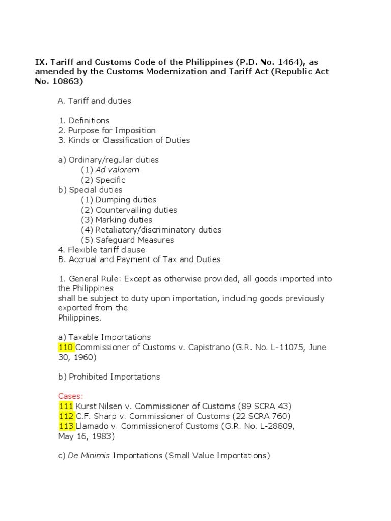 IX. Tariff and Customs Code of The Philippines (P.D. No. 1464), As