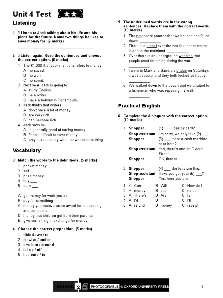 Unit 4 Test: Listening & Vocabulary | PDF
