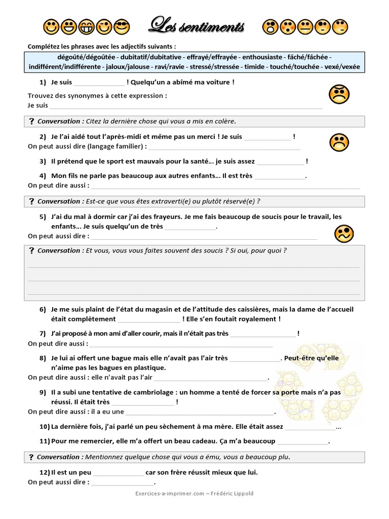 Exercice De Français 4ème à Imprimer Avec Correction Exercices A Imprimer Les Sentiments Avec Marquage 4 | PDF