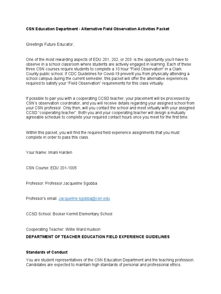 CSN Virtual Field Observation Guide | PDF | Classroom | Schools