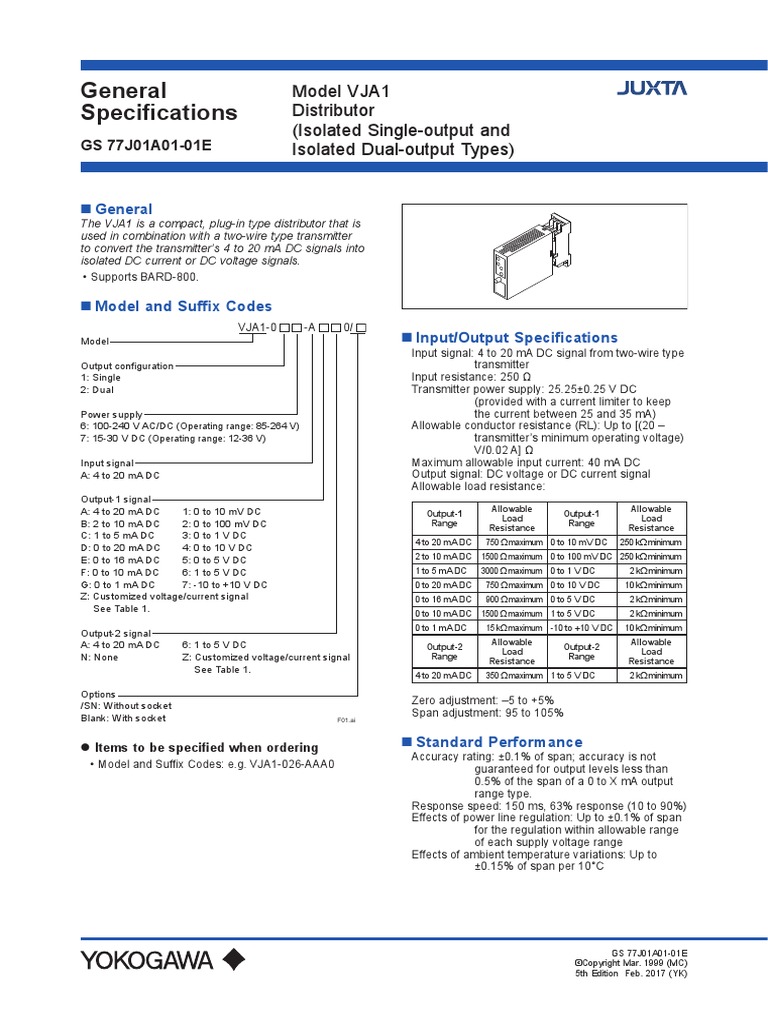 General Specifications: Model VJA1 Distributor (Isolated Single-Output ...