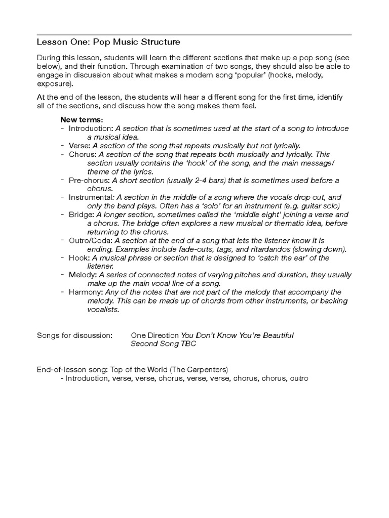 Key Stage Three Music Lesson One | PDF | Song Structure | Performing Arts