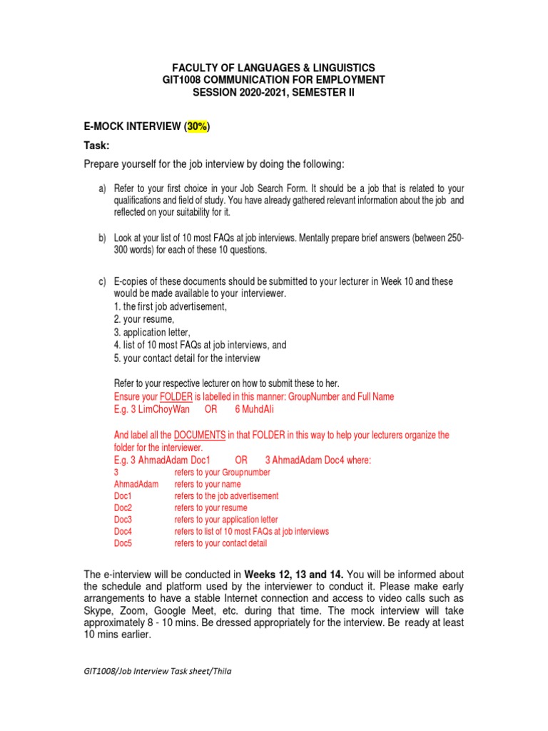 06a Mock Interview Tasksheet 30 Job Interview Interview