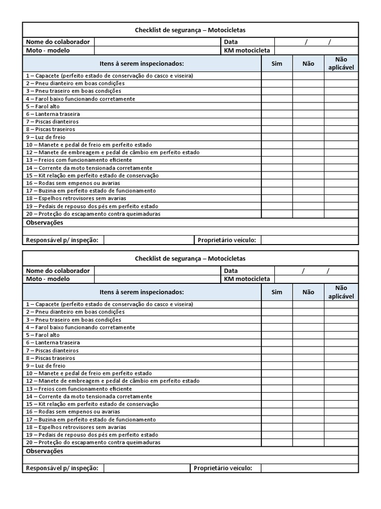 Checklist Motocicletas | PDF | Motocicleta | Engenharia de Transporte