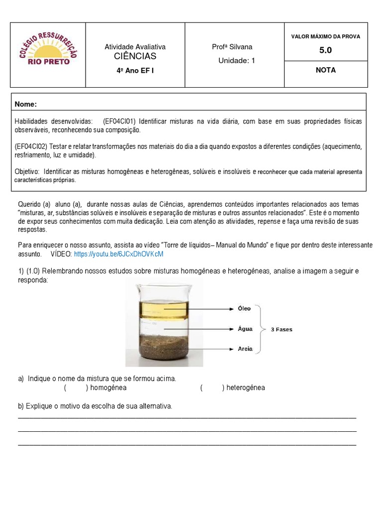 Atividade sobre Misturas para 4º Ano | PDF | Solubilidade | Mistura, image size:768x1024