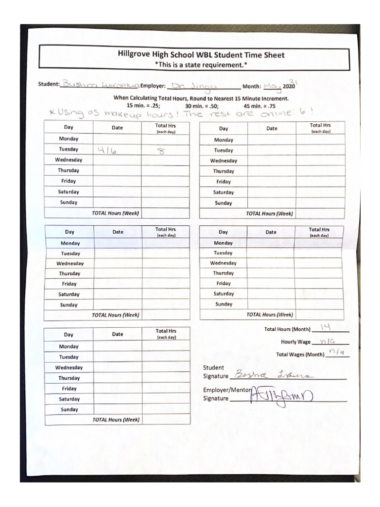 Hillgrove High School WBL Student Time Sheet 4 PDF