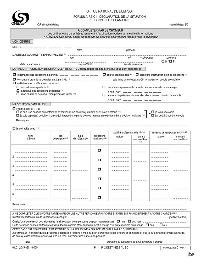 Office National de L'Emploi: Formulaire C1 - Declaration de La ...