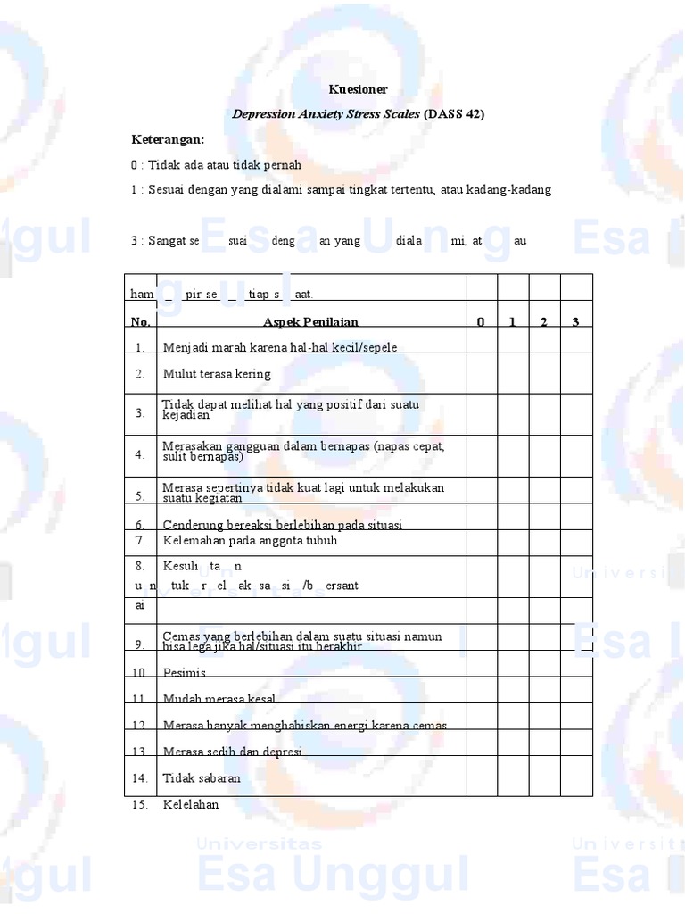 Panduan Kuesioner DASS 42 | PDF