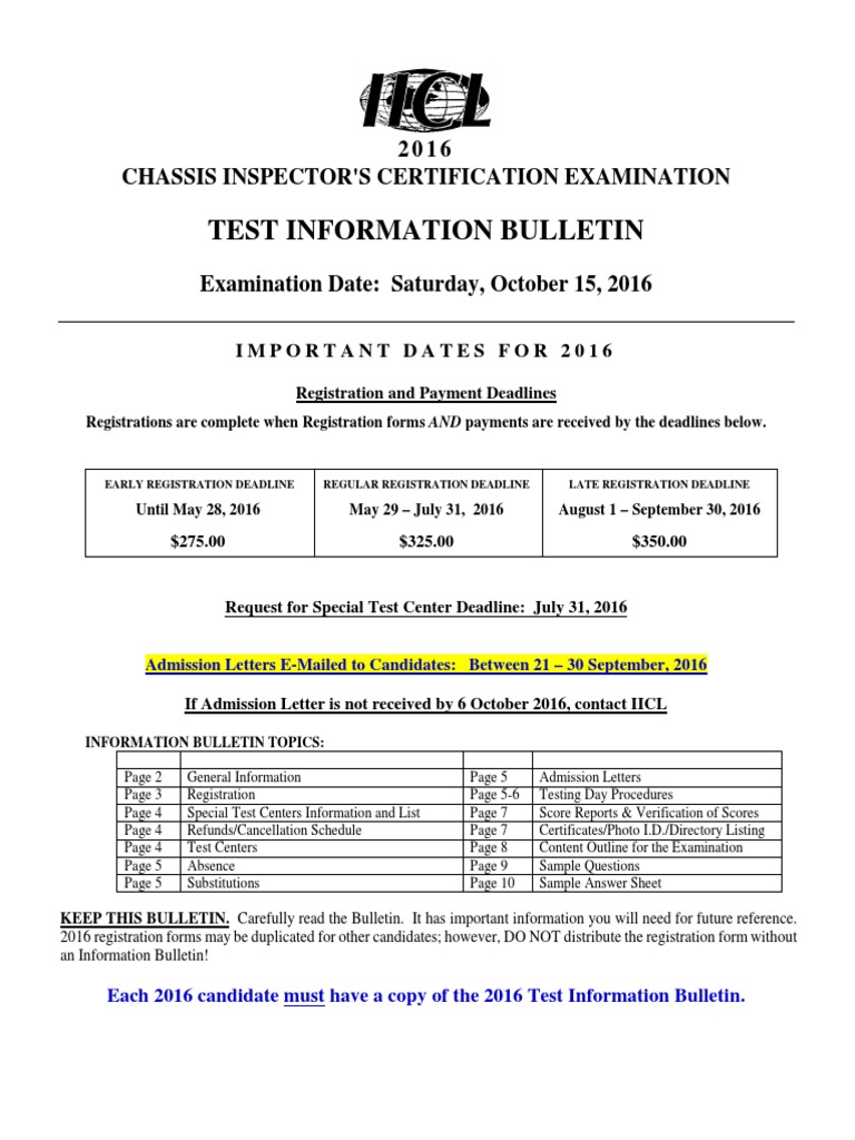 Test Information Bulletin 2 0 1 6 Chassis Inspector'S Certification Examination PDF Test