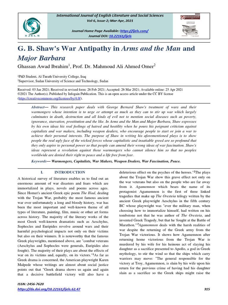 G. B. Shaw's War Antipathy in Arms and The Man and Major Barbara PDF
