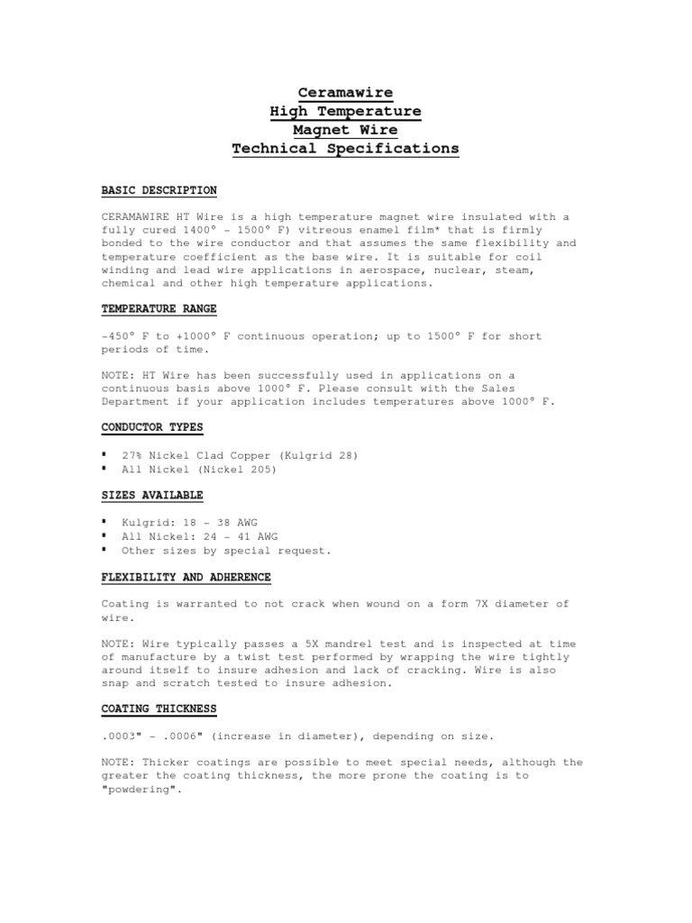 Ceramawire High Temperature Wire Technical Specifications PDF