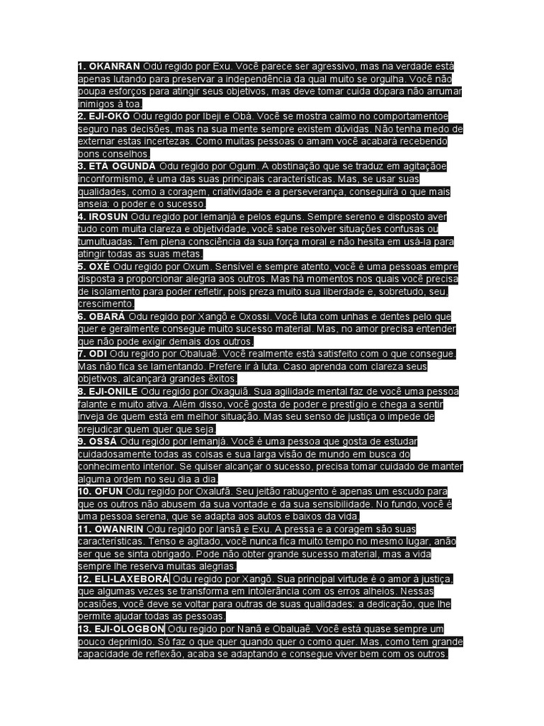 Tabela de Odus PDF Santeria Religião e crença