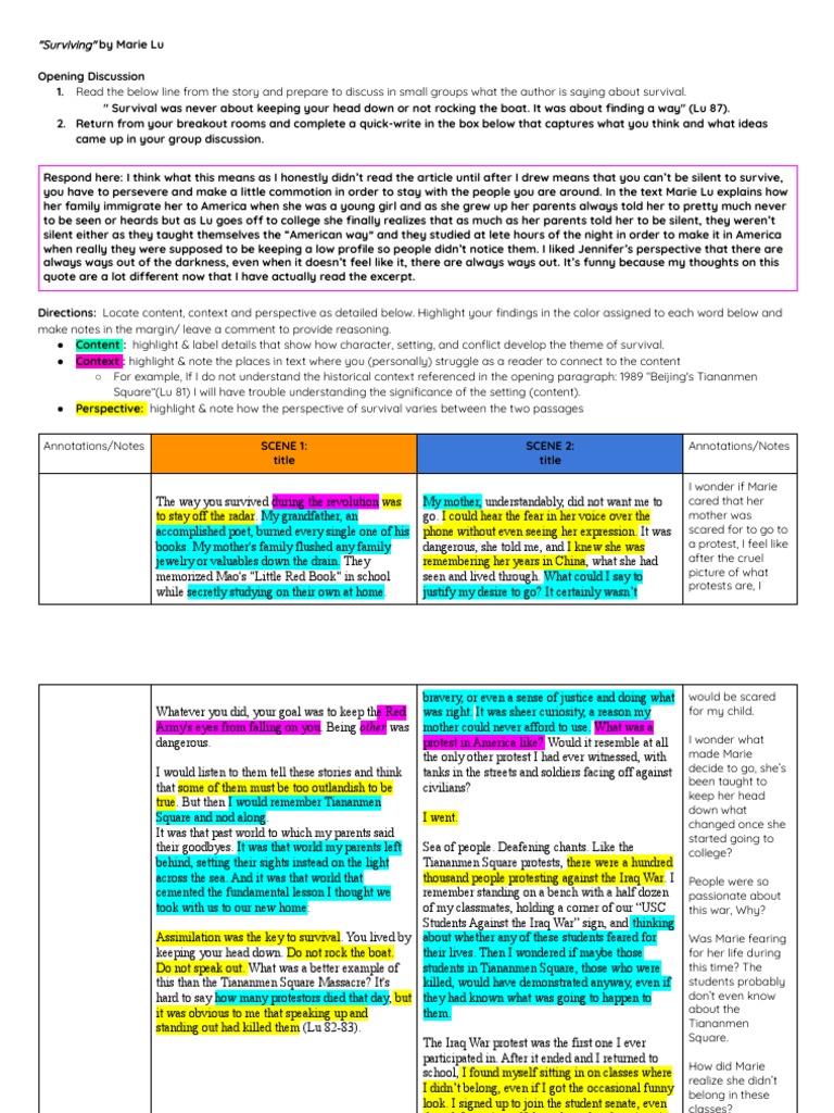 Nataleigh Johnson - Close Reading Surviving by Marie Lu | PDF