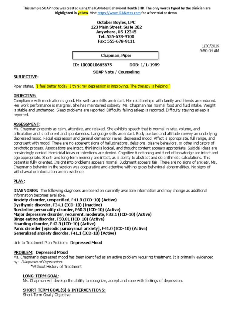 Counseling SOAP Note Depression Anxiety Sample PDF Mental Disorder Mood (Psychology)