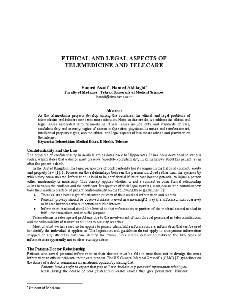 Legal and Ethical Issues in Telemedicine | PDF | Public Key ...
