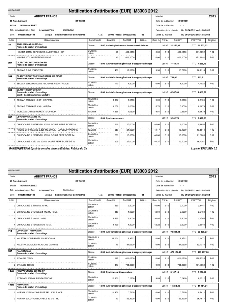Notification D Attribution Eur M3303 12 Abbott France Pdf Banques Nutrition
