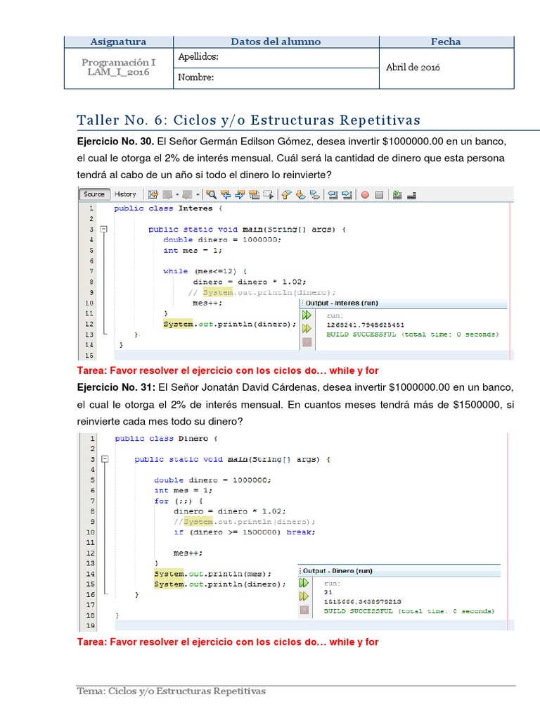 Taller 6 ProgramacionI Ciclos | PDF