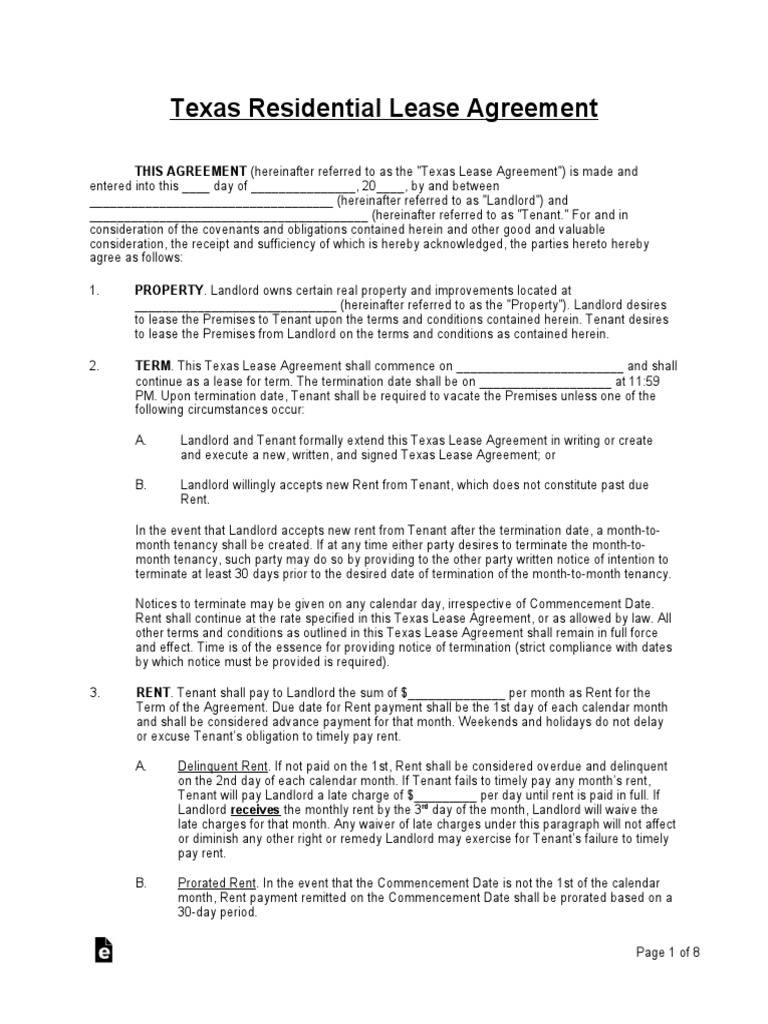 Texas Standard Residential Lease Agreement Form | PDF | Leasehold ...