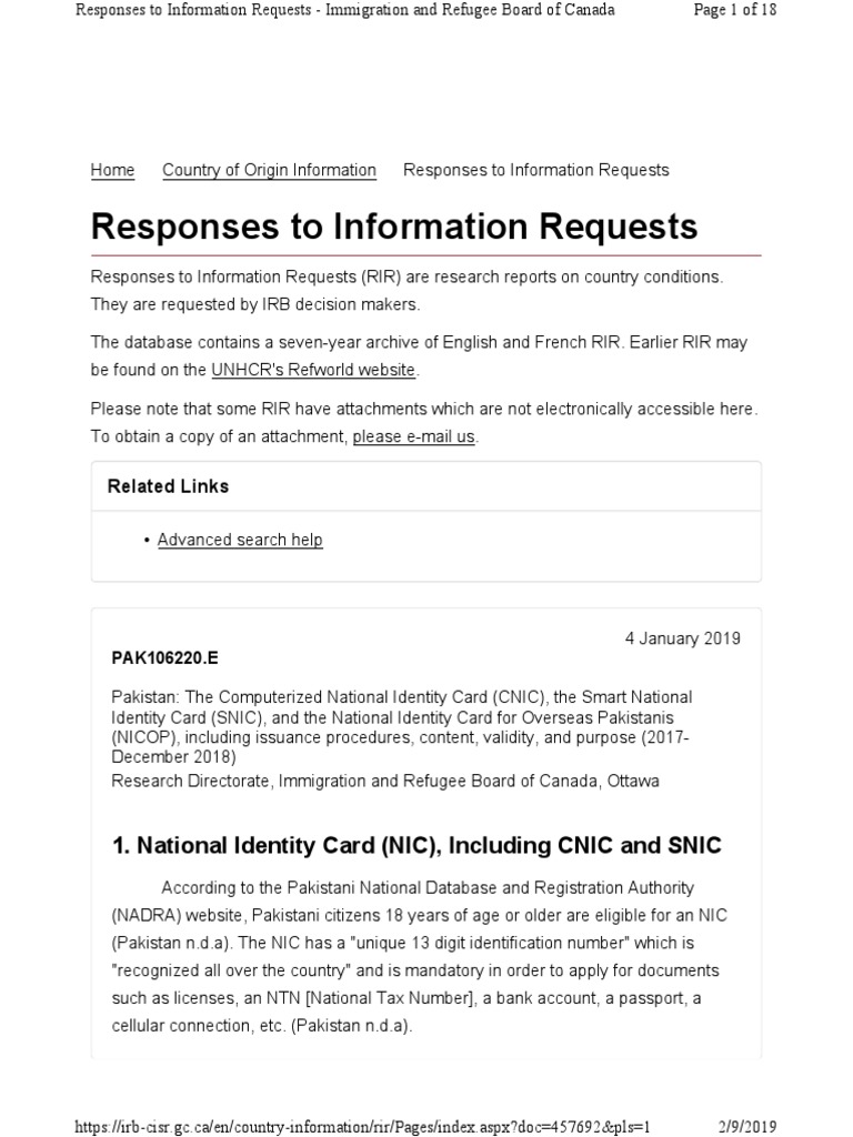 Responses To Information Requests 1 National Identity Card NIC