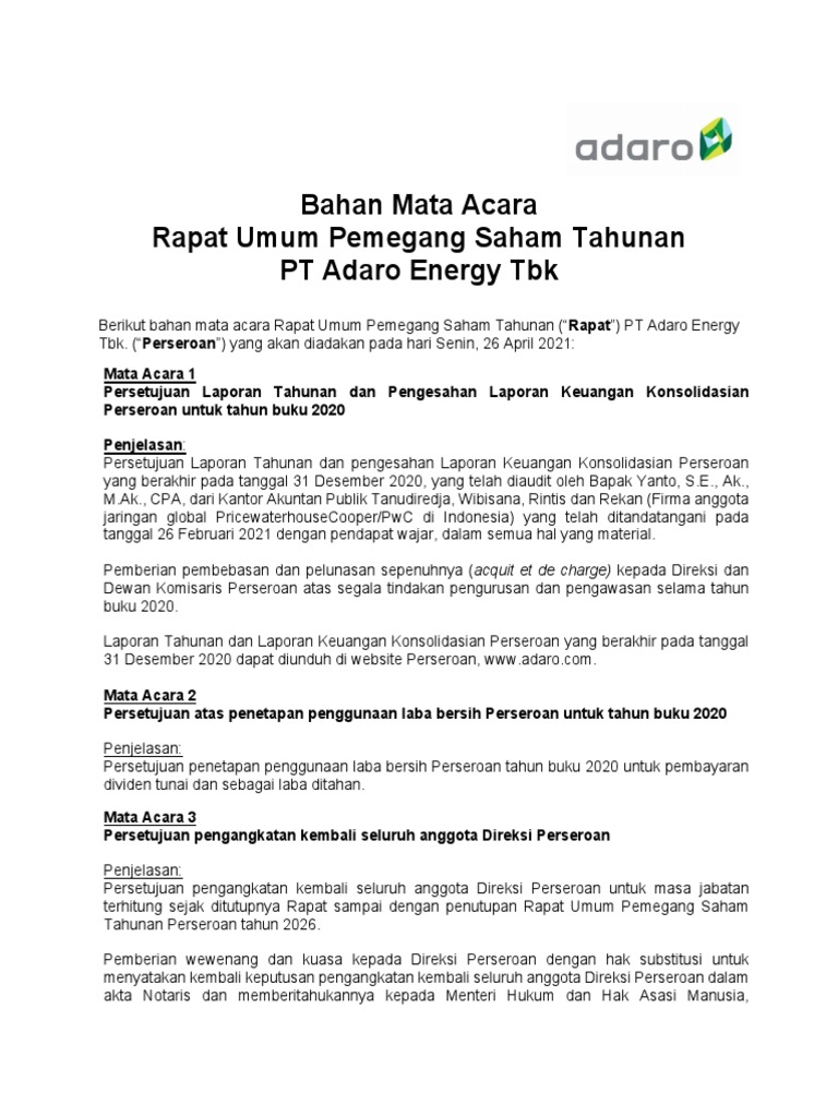 RUPS Tahunan PT Adaro Energy 2021 | PDF | Bisnis | Teknologi & Rekayasa
