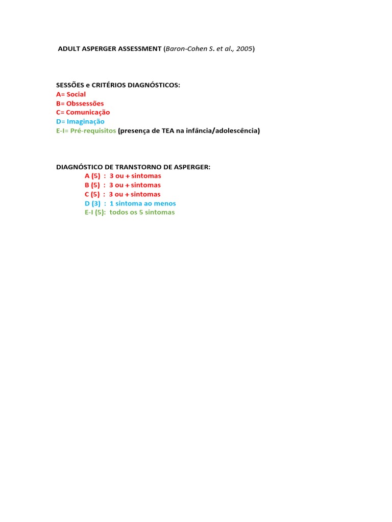 Arquivo ADULT ASPERGER ASSESSMENT | PDF | Síndrome de Asperger ...
