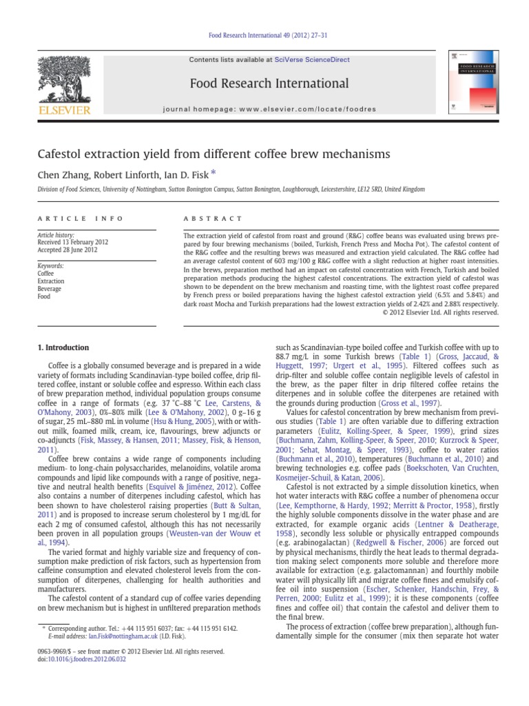 Cafestol Extraction Yield From Different Coffee Brew Mechanisms PDF