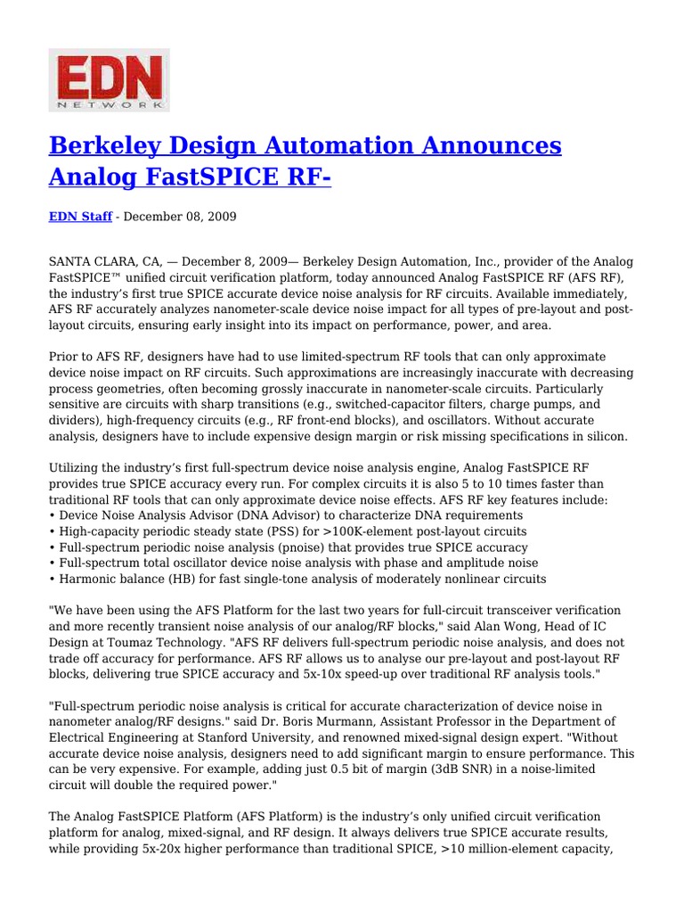 Berkeley Design Automation Announces Analog Fastspice RF-: Edn Staff ...