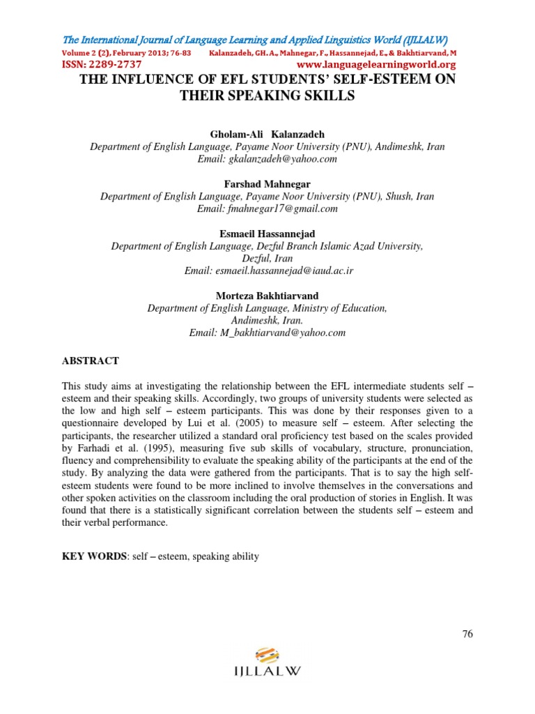 The Influence of Efl Students Self Estee | PDF | Self Esteem | English ...