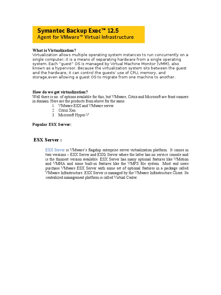 Backup Exec 12.5 for VMware ESX | PDF | V Mware | Virtual Machine