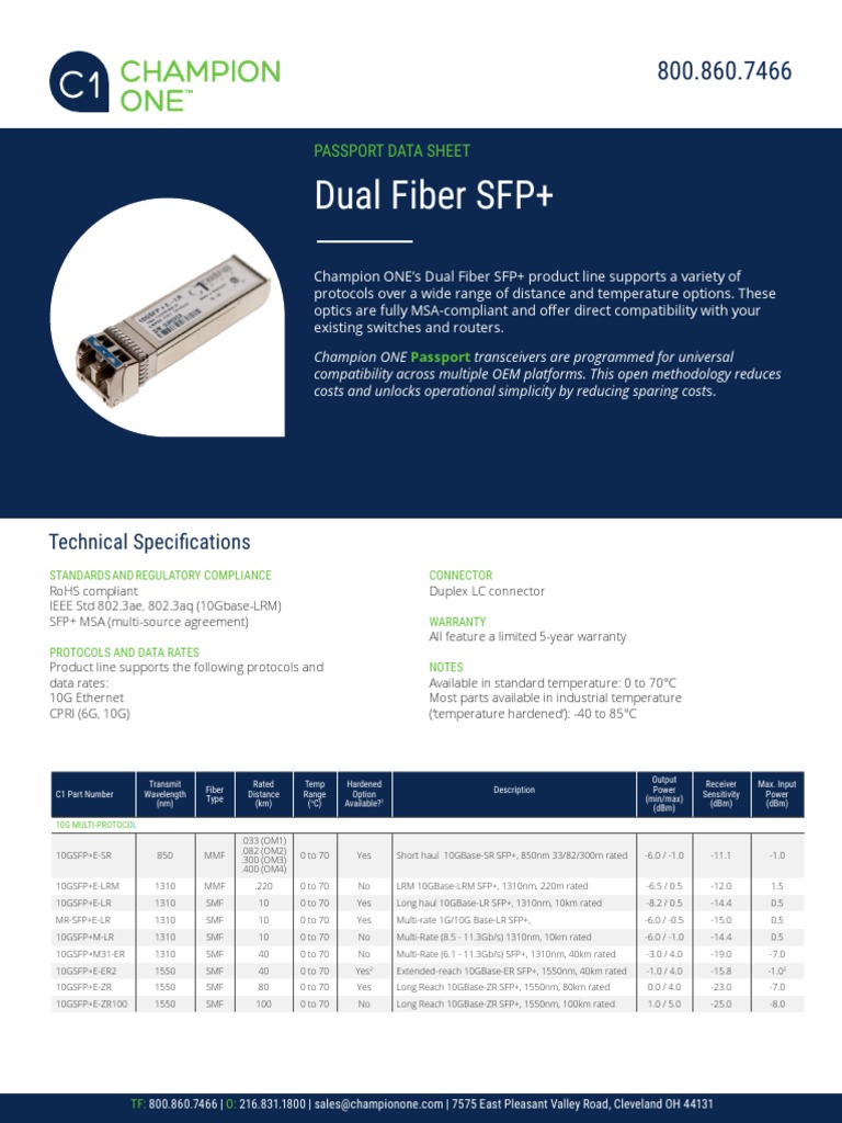 Champion ONE Dual Fiber SFP+ Datasheet | PDF | Computer Science ...