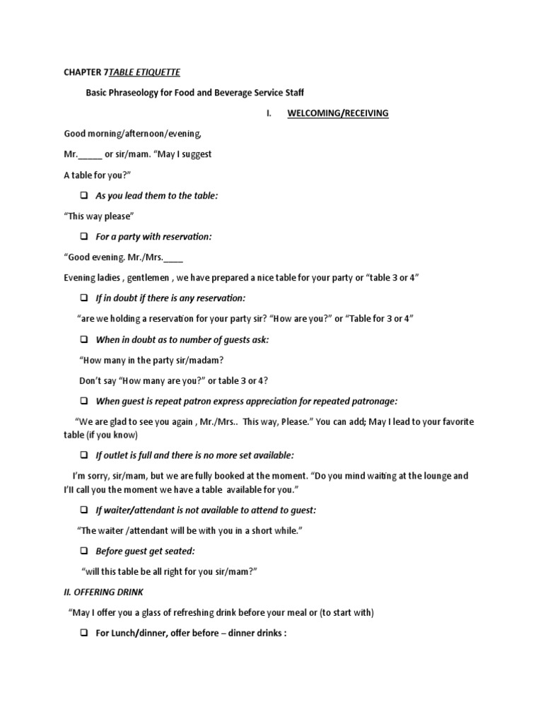 Chapter 7table Etiquette Basic Phraseology For Food and Beverage Service Staff