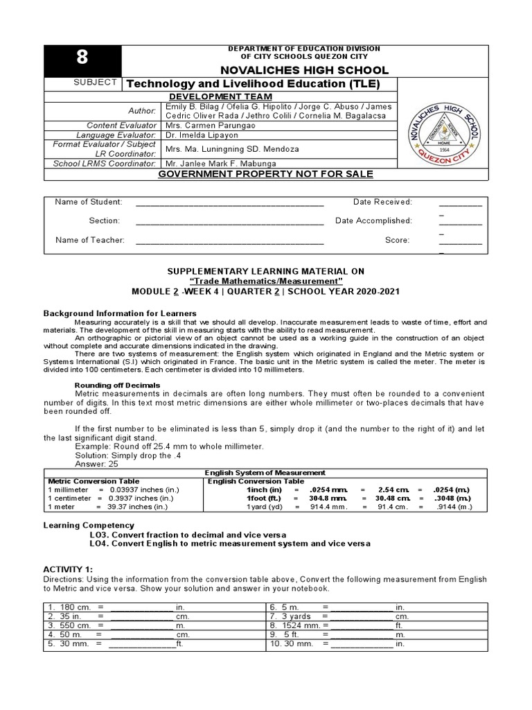 Supplementary Learning Material on Trade Mathematics/Measurement