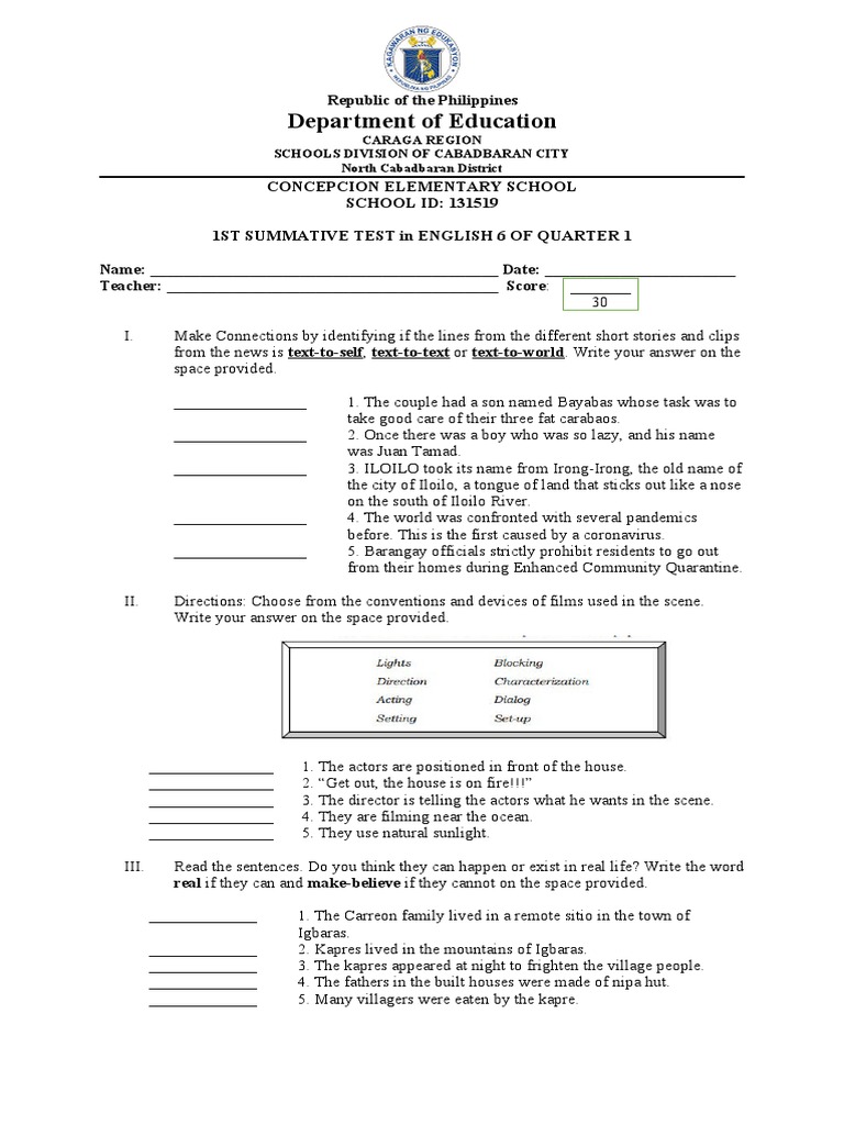 English 6 Quarter 1 Summative Test | PDF | Language Arts & Discipline