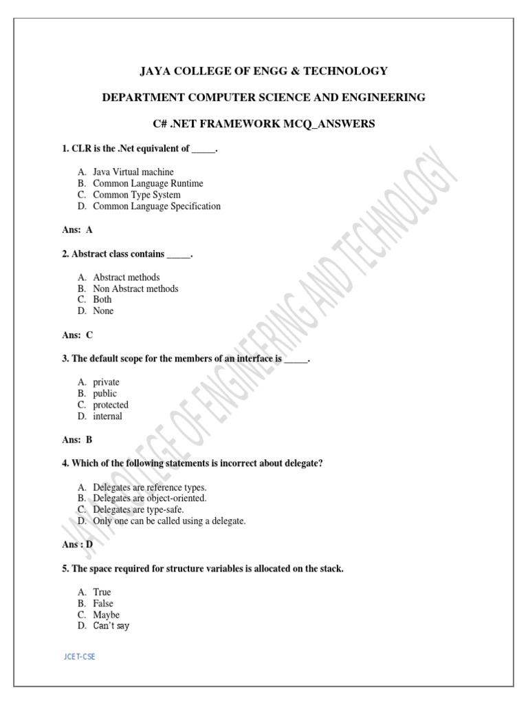 C# .Net Framework MCQ - Answers | PDF | C Sharp (Programming Language ...