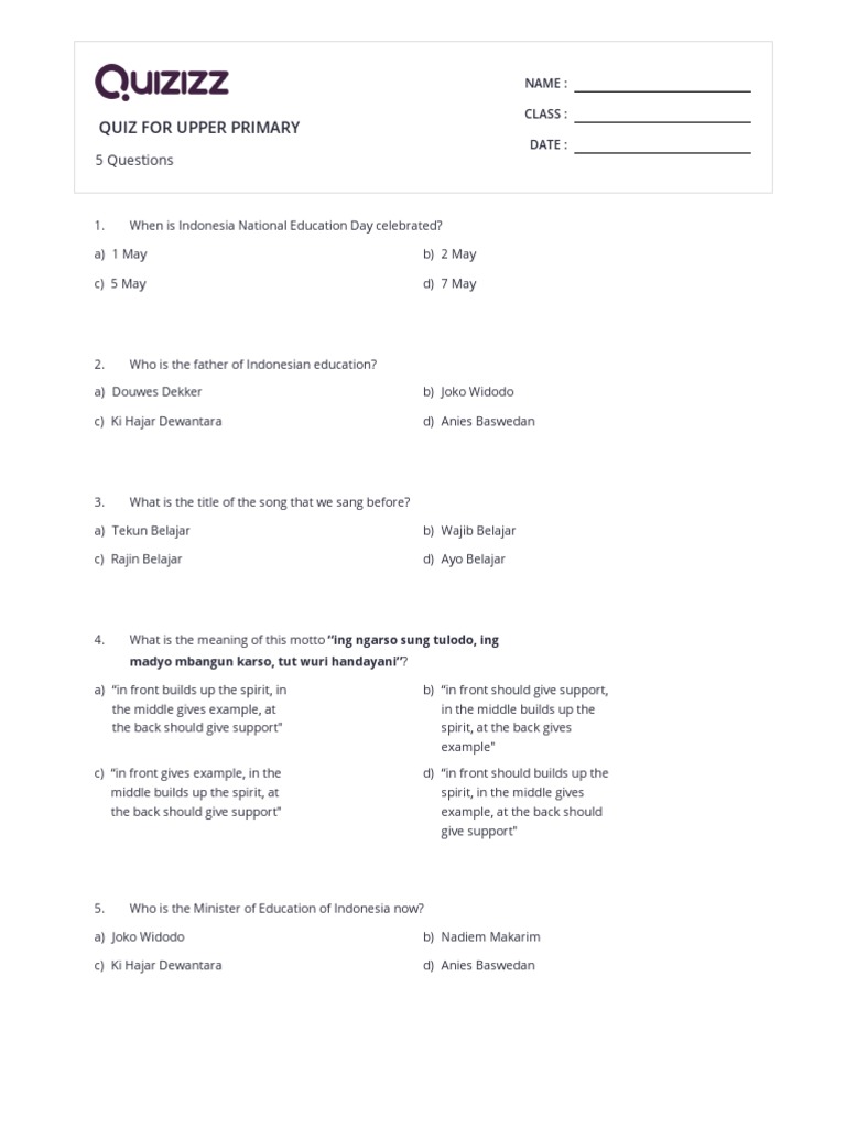 QUIZ FOR UPPER PRIMARY Print Quizizz PDF