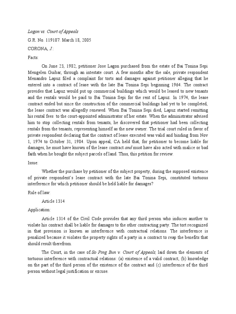 11 Lagon vs. Court of Appeals PDF Tortious Interference Lease