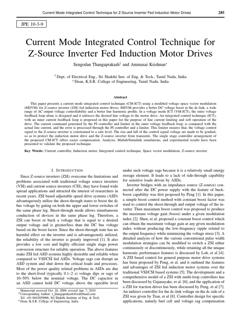 Current Mode Integrated Control Technique For Z-Source Inverter Fed ...