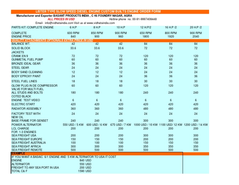 Lister Type Slow Speed Diesel Engine Custom Builts Engine Order Form ...