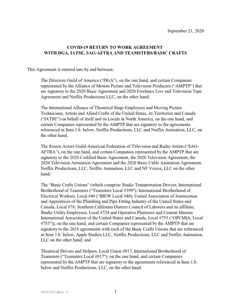 Covid19 Return To Work Agreement With Dga, Iatse, SagAftra and