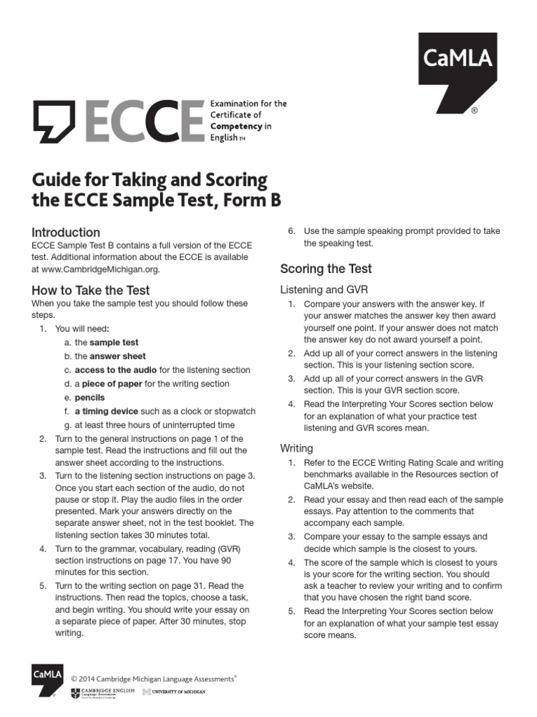 Guide For Taking and Scoring The ECCE Sample Test, Form B PDF Test