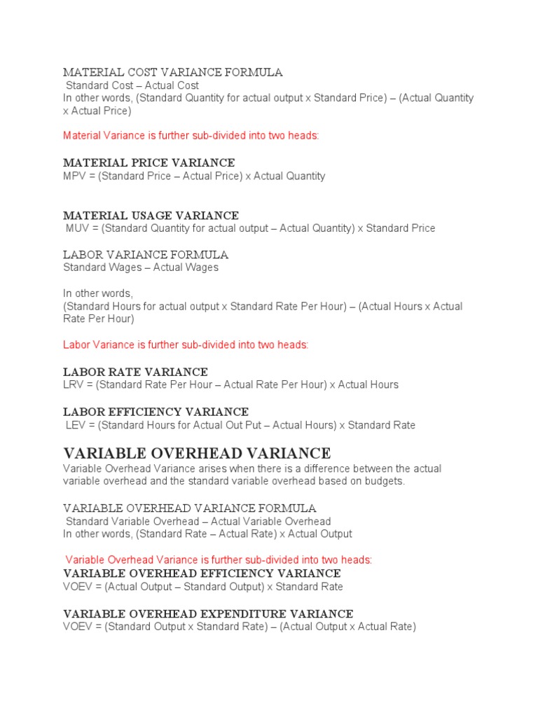 Variable Overhead Variance Material Cost Variance Formula PDF Output (Economics) Variance