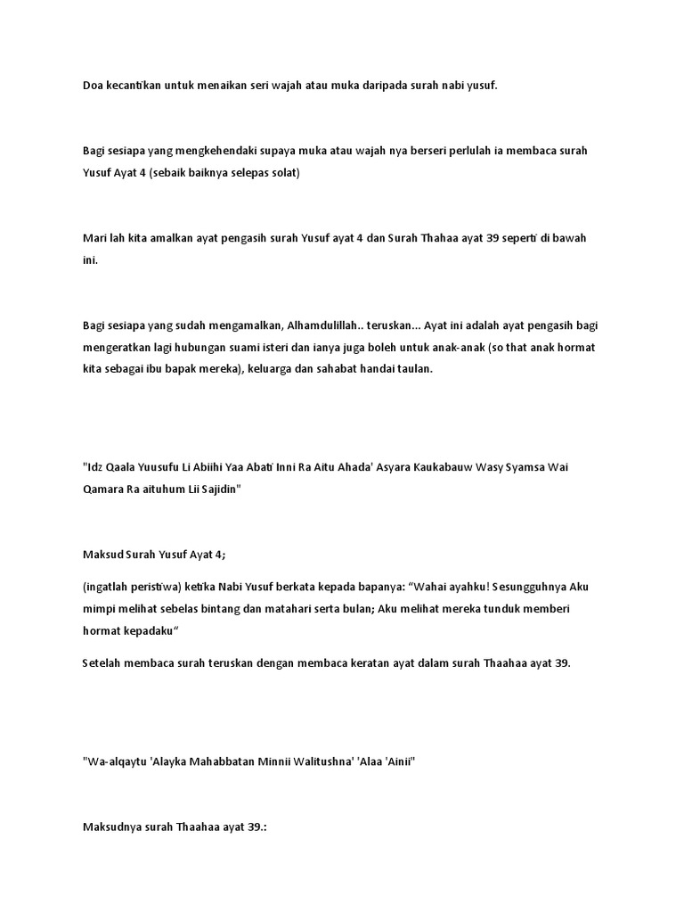 Doa Kecantikan Untuk Menaikan Seri Wajah Atau Muka Daripada Surah Nabi Yusuf Pdf