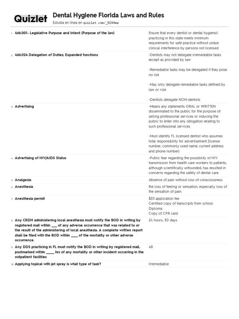 Quizlet Dental Hygiene Laws PDF Dental Hygienist Dentistry