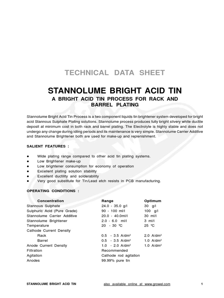 Stannolume Bright Acid Tin: Technical Data Sheet | PDF | Tin | Titration