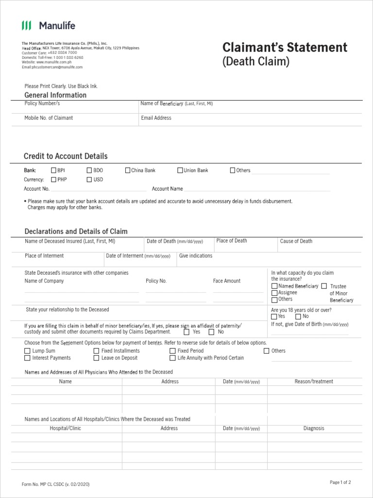 Manulife Philippines Claimant's Statement Death Claim PDF Interest