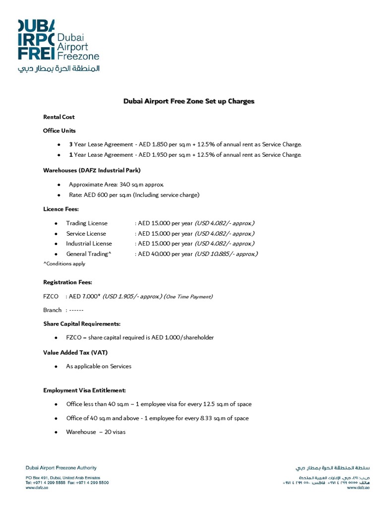 Dubai Airport Free Zone Set Up Charges | PDF | Fee | Travel Visa